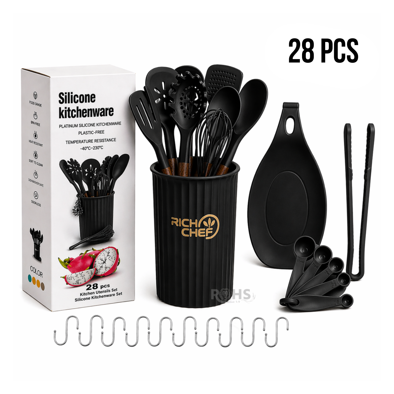 SET DE UTENSILIOS DE COCINA SILICONA 28 PIEZAS CON BASE Y ACCESORIOS RESISTENTE AL CALOR NEGRO - 1