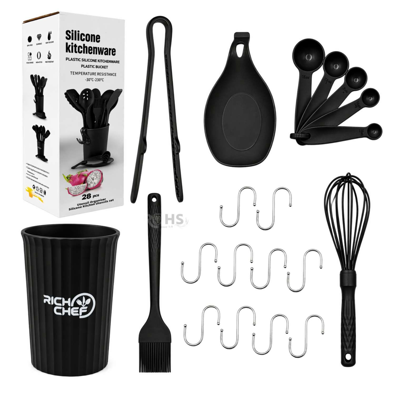 SET DE UTENSILIOS DE COCINA SILICONA 28 PIEZAS CON BASE Y ACCESORIOS RESISTENTE AL CALOR NEGRO - 3