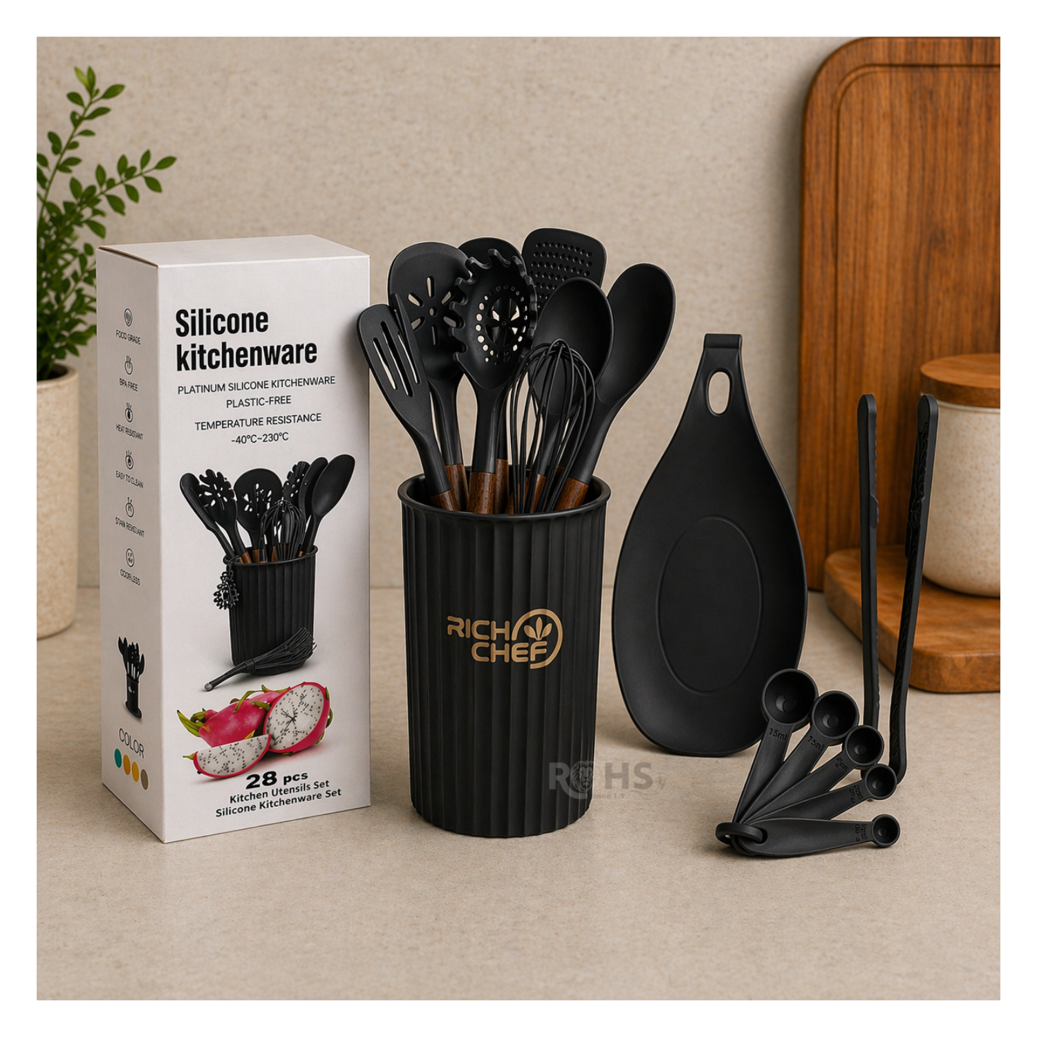 SET DE UTENSILIOS DE COCINA SILICONA 28 PIEZAS CON BASE Y ACCESORIOS RESISTENTE AL CALOR NEGRO - 5