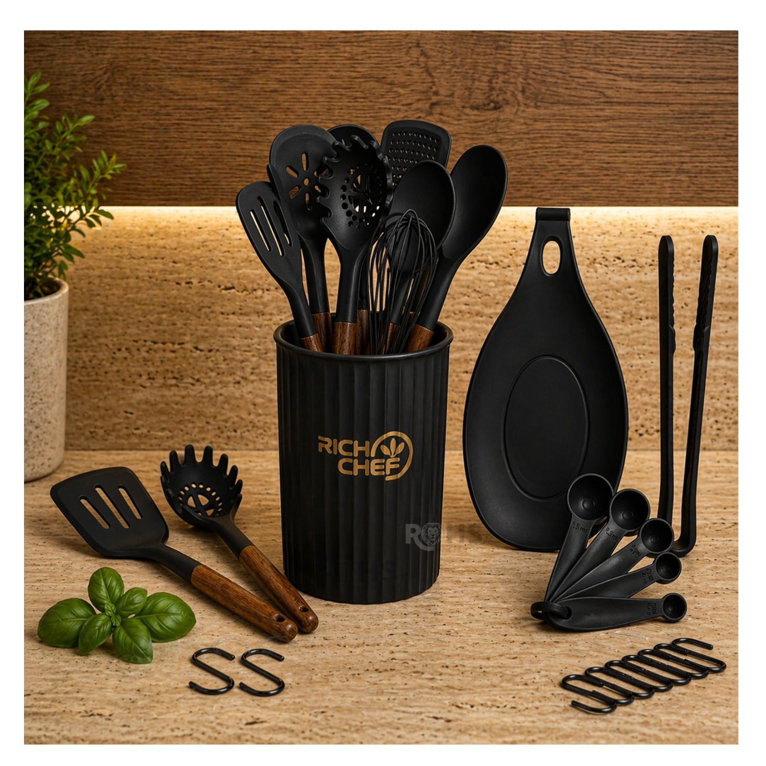 SET DE UTENSILIOS DE COCINA SILICONA 28 PIEZAS CON BASE Y ACCESORIOS RESISTENTE AL CALOR NEGRO - 6