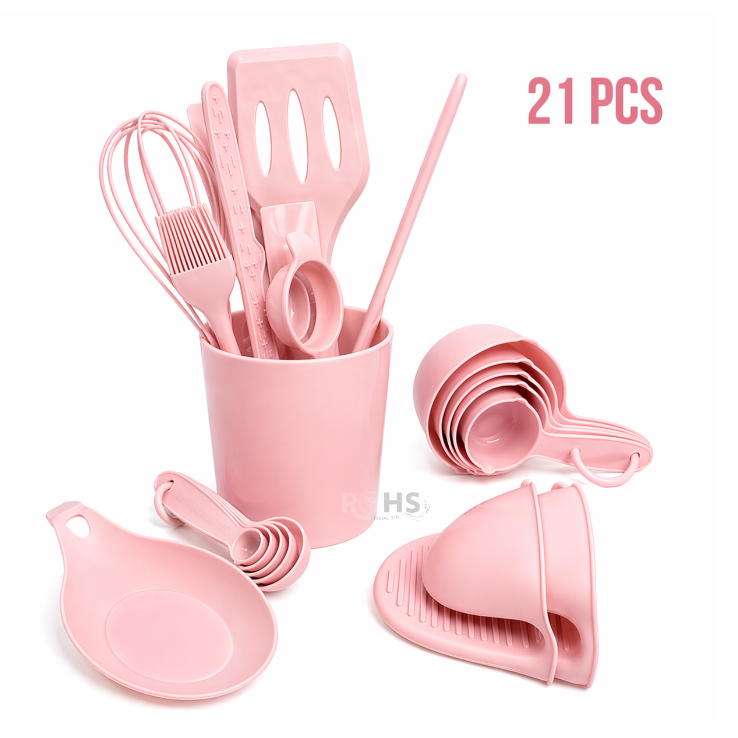 SET DE UTENSILIOS DE COCINA SILICONA 21 PIEZAS CON BASE Y ACCESORIOS RESISTENTE AL CALOR - ROSA - 1