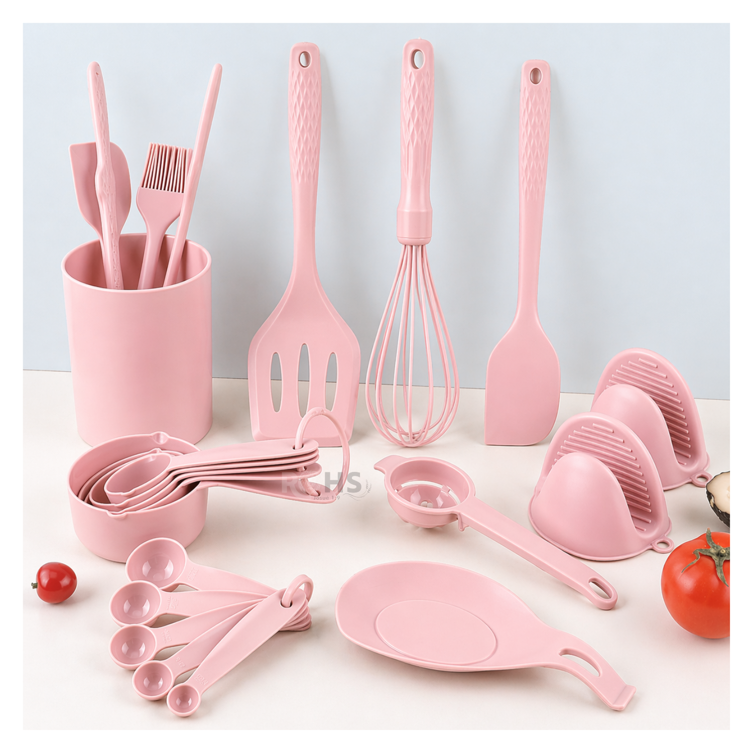 SET DE UTENSILIOS DE COCINA SILICONA 21 PIEZAS CON BASE Y ACCESORIOS RESISTENTE AL CALOR - ROSA - 2