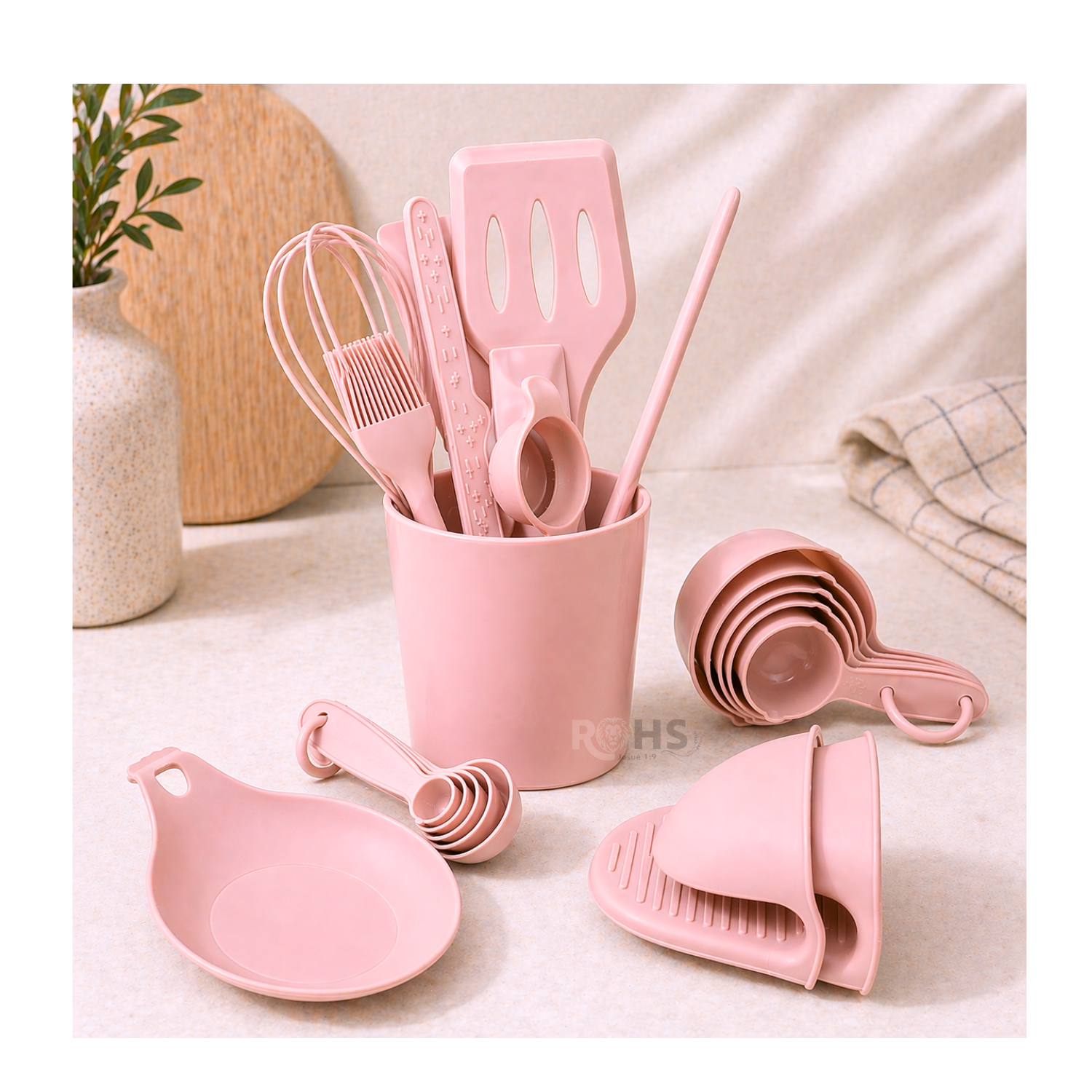 SET DE UTENSILIOS DE COCINA SILICONA 21 PIEZAS CON BASE Y ACCESORIOS RESISTENTE AL CALOR - ROSA - 5