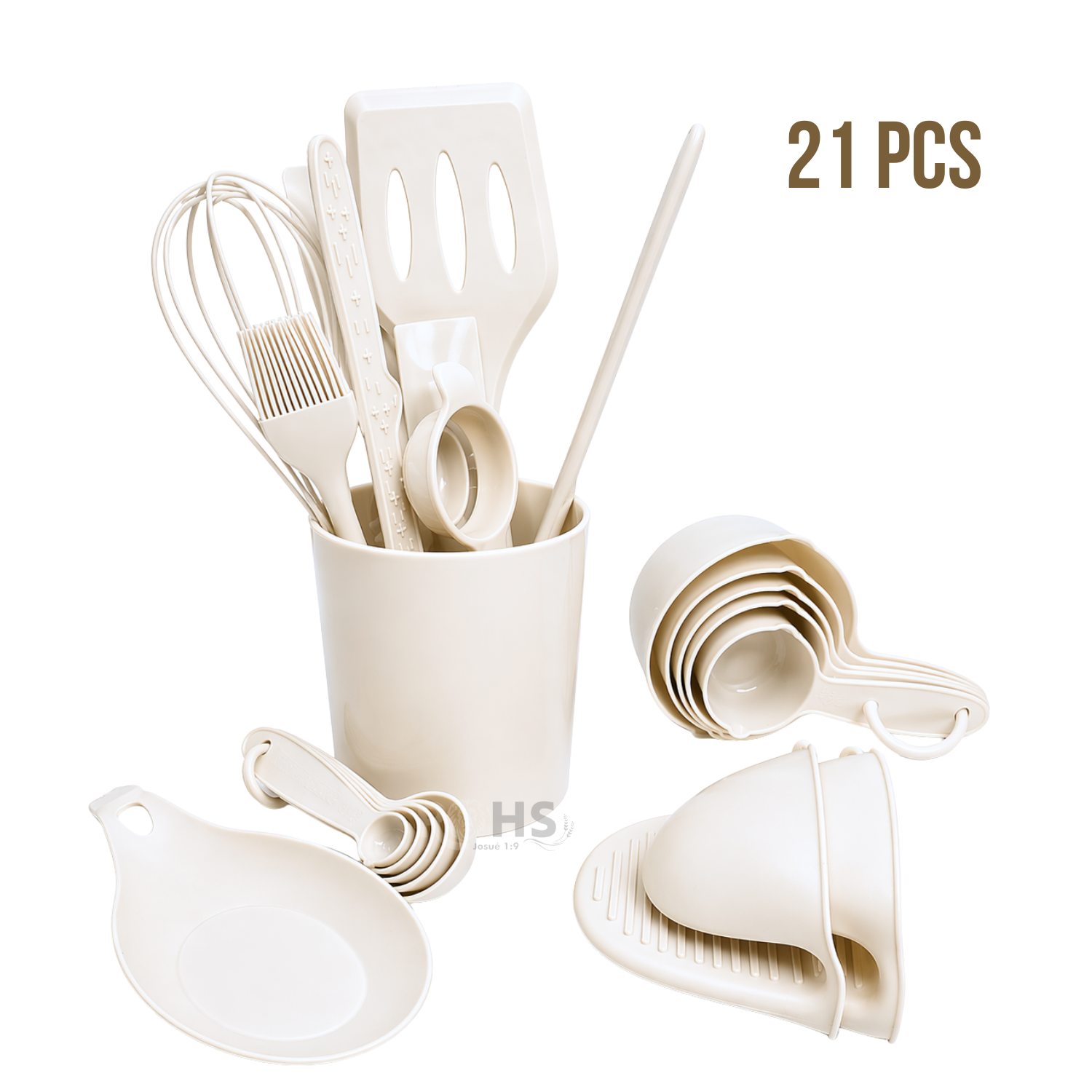 SET DE UTENSILIOS DE COCINA SILICONA 21 PIEZAS CON BASE Y ACCESORIOS RESISTENTE AL CALOR BEIGE - 1