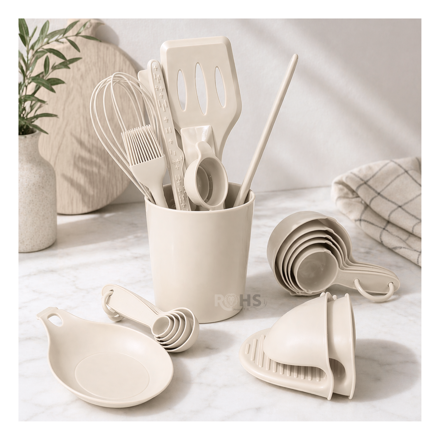 SET DE UTENSILIOS DE COCINA SILICONA 21 PIEZAS CON BASE Y ACCESORIOS RESISTENTE AL CALOR BEIGE - 5