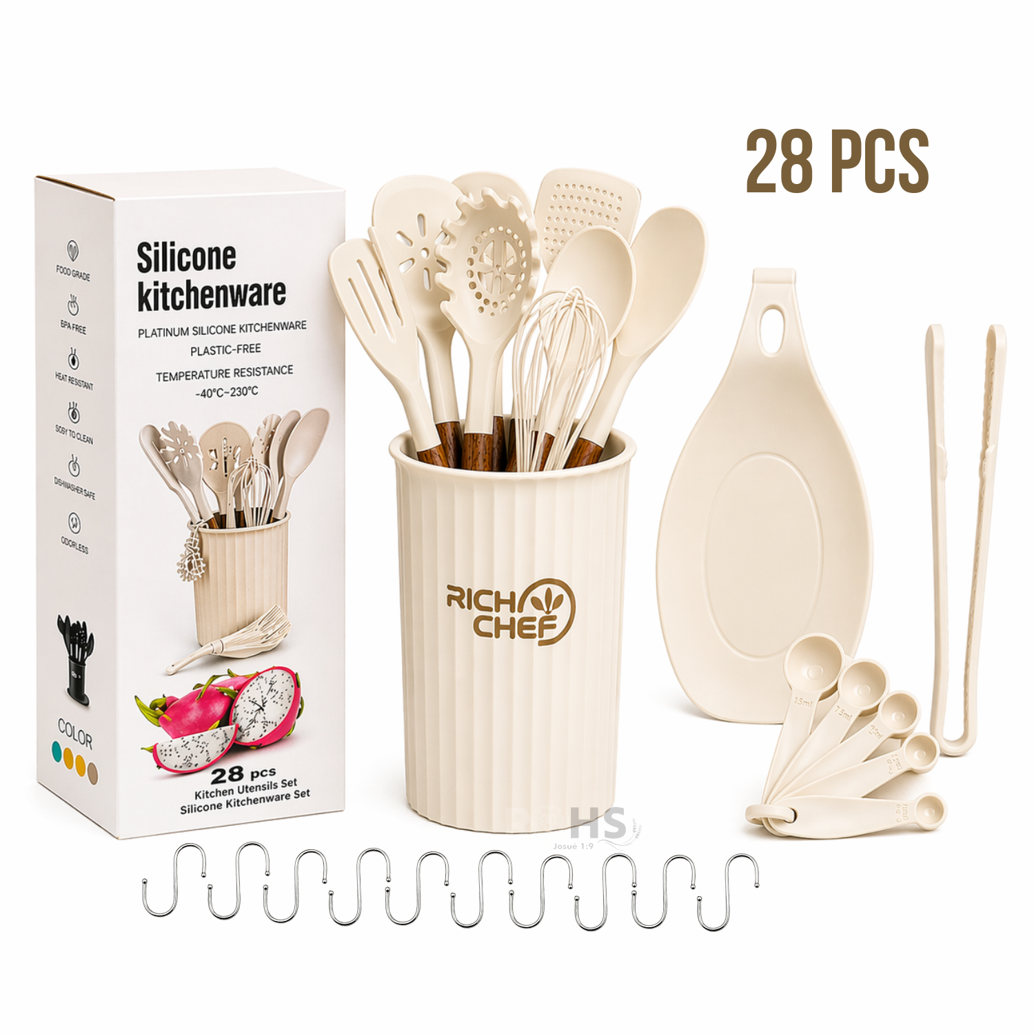 SET DE UTENSILIOS DE COCINA SILICONA 28 PIEZAS CON BASE Y ACCESORIOS RESISTENTE AL CALOR BEIGE - 1
