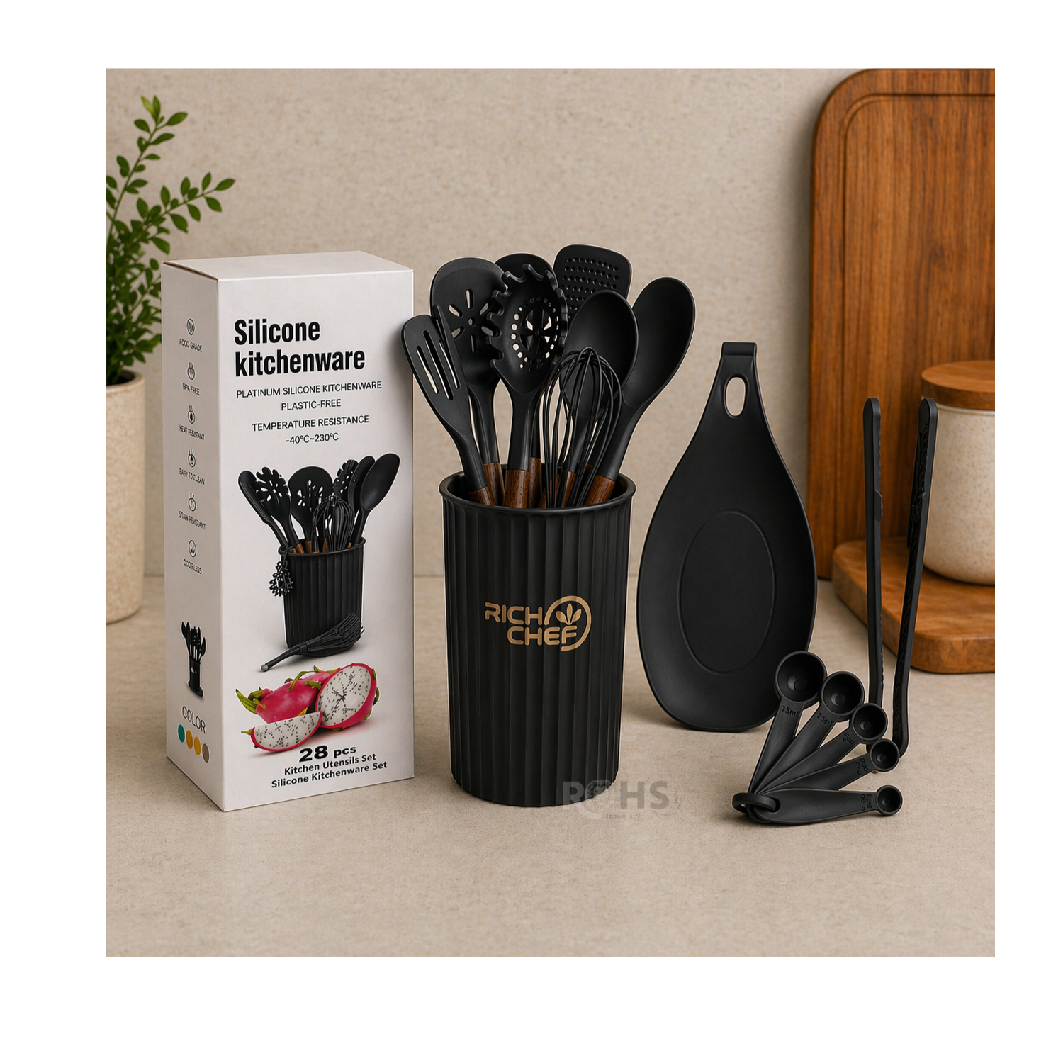 SET DE UTENSILIOS DE COCINA SILICONA 28 PIEZAS CON BASE Y ACCESORIOS RESISTENTE AL CALOR NEGRO - 4