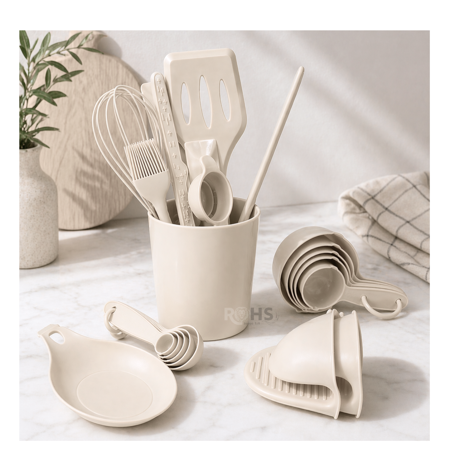 SET DE UTENSILIOS DE COCINA SILICONA 21 PIEZAS CON BASE Y ACCESORIOS RESISTENTE AL CALOR BEIGE - 4