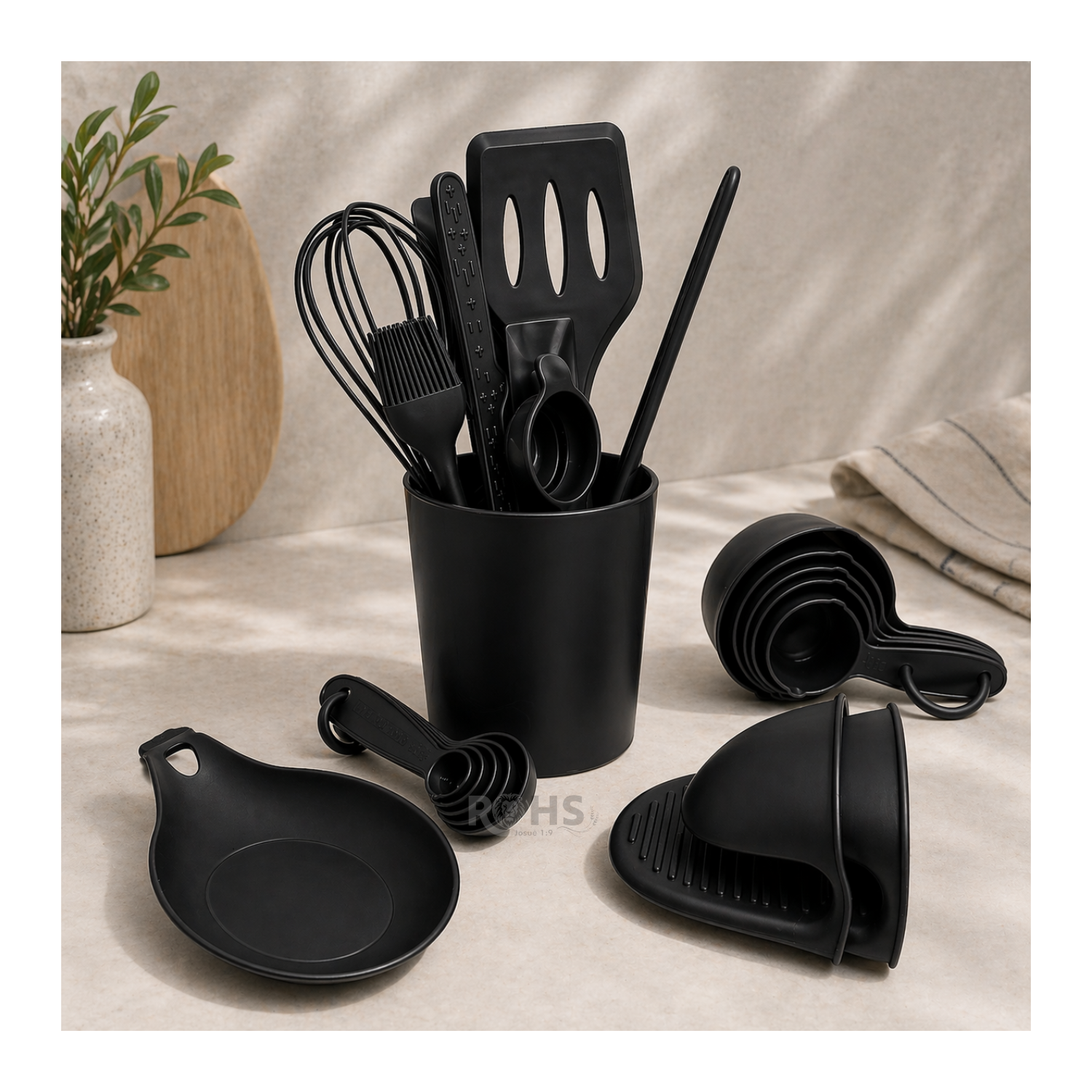 SET DE UTENSILIOS DE COCINA SILICONA 21 PIEZAS CON BASE Y ACCESORIOS RESISTENTE AL CALOR NEGRO - 4