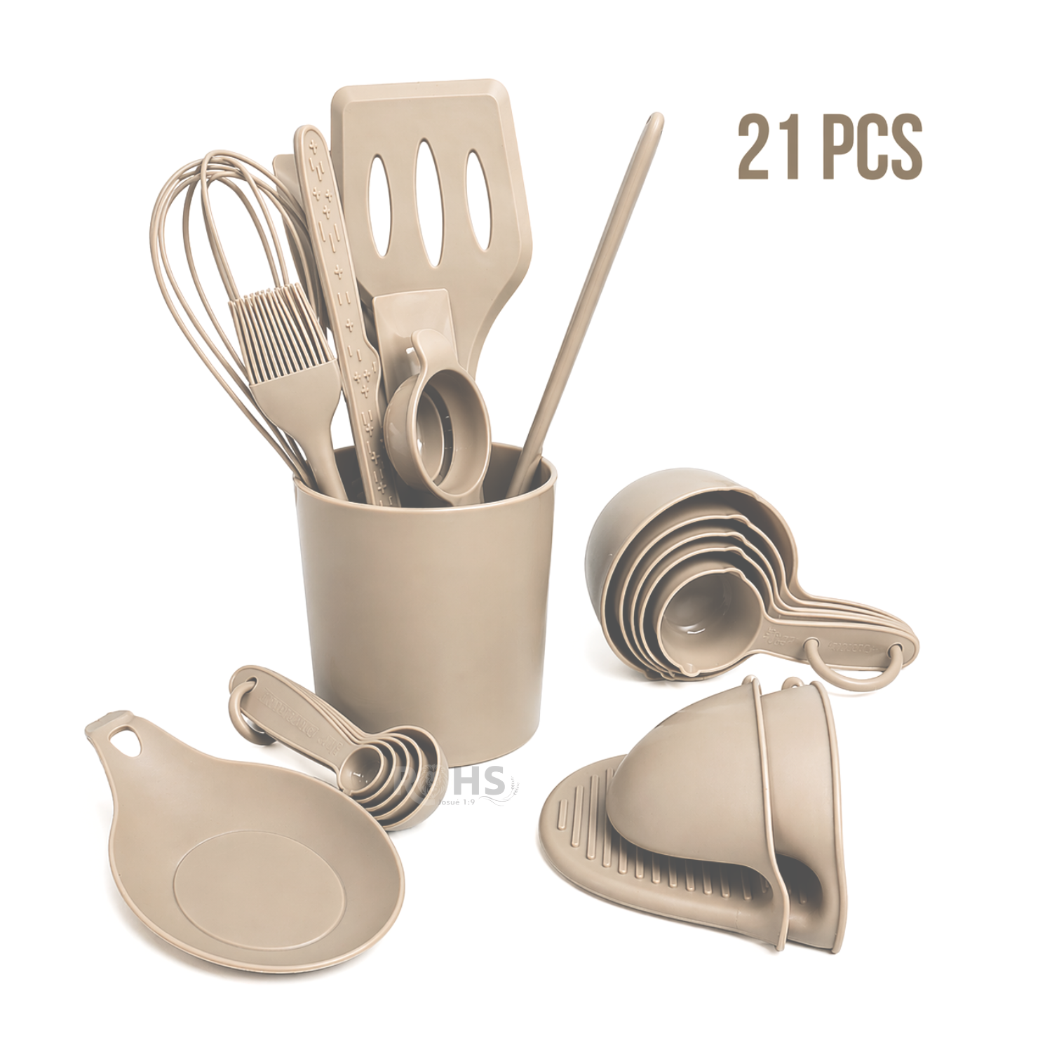 SET DE UTENSILIOS DE COCINA SILICONA 21 PIEZAS CON BASE Y ACCESORIOS RESISTENTE AL CALOR - CAFÉ - 1