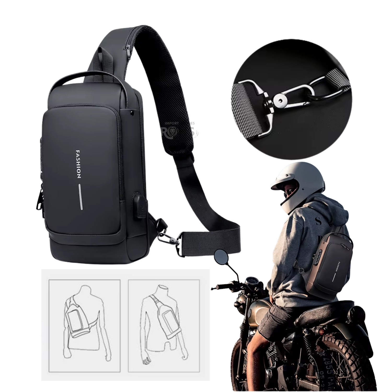 MOCHILA PECHERA ANTIRROBO PARA HOMBRES COLOR NEGRO - 2