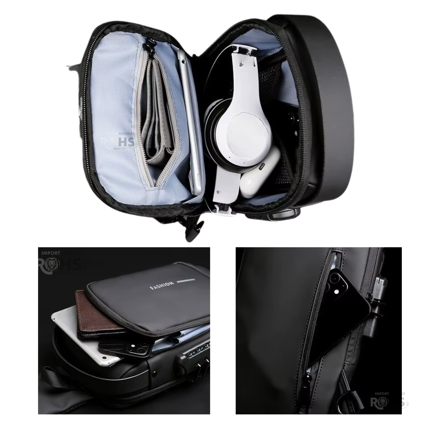MOCHILA PECHERA ANTIRROBO PARA HOMBRES COLOR NEGRO - 4