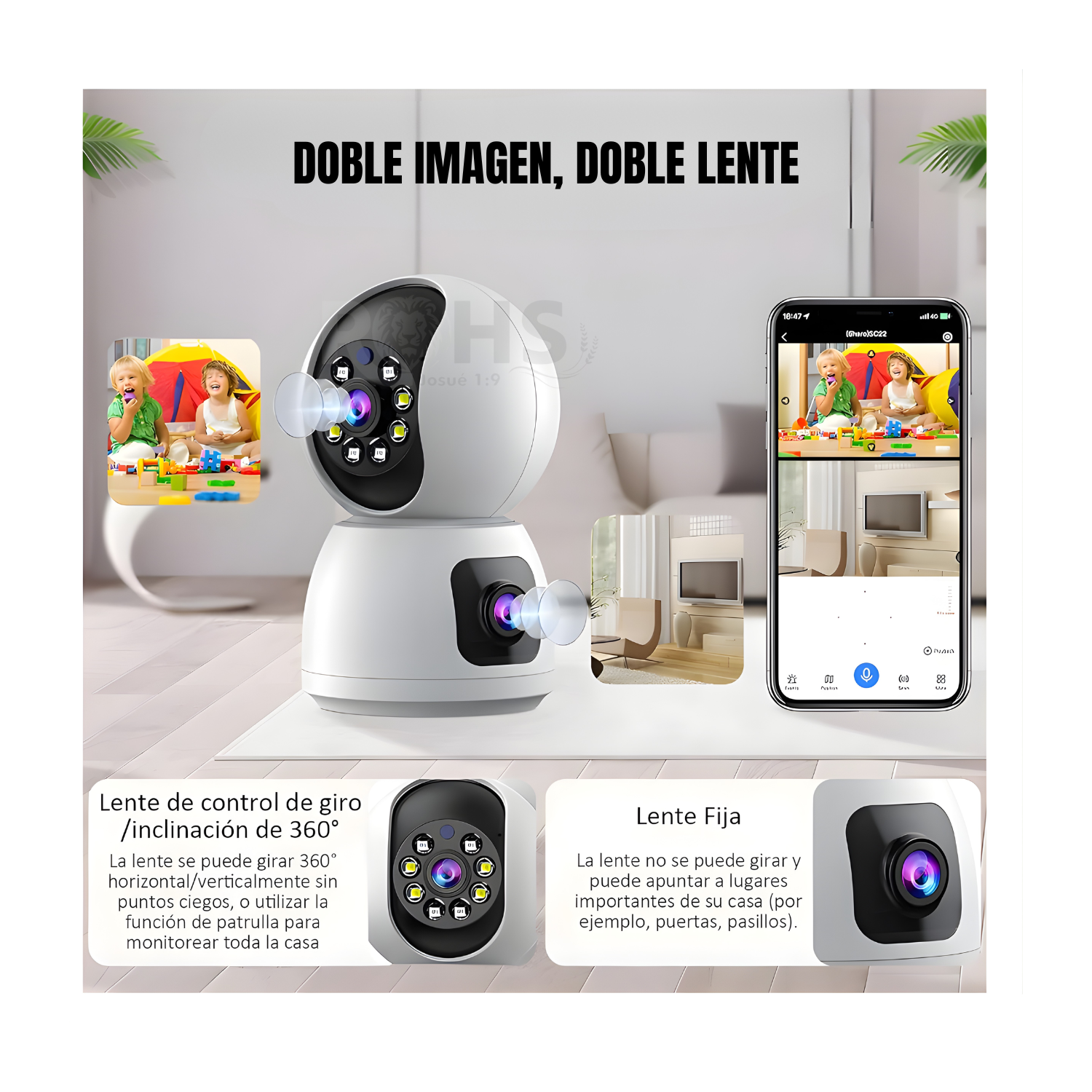 CÁMARA DE SEGURIDAD WIFI DOBLE LENTE 360° CON VISIÓN NOCTURNA Y MONITOREO REMOTO HOGAR OFICINA - 1