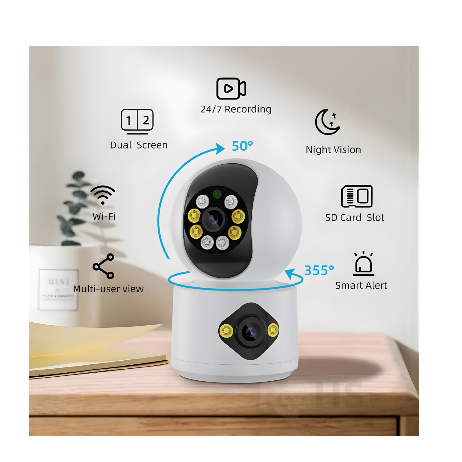 CÁMARA DE SEGURIDAD WIFI CON DOBLE LENTE, ROTACIÓN 360° Y MONITOREO REMOTO - 1