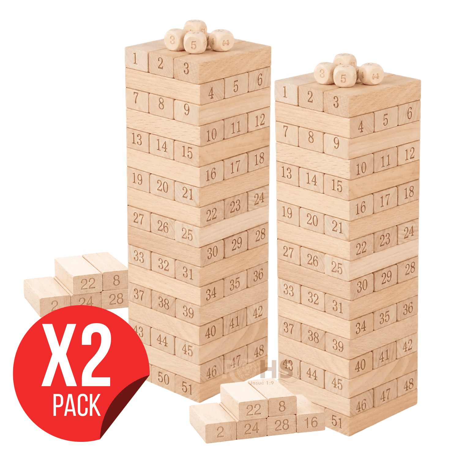 PACK X2 JUEGO DE BLOQUES TIPO JENGA DE MADERA NUMERADO 54 PIEZAS CON DADOS EDUCATIVO - 1