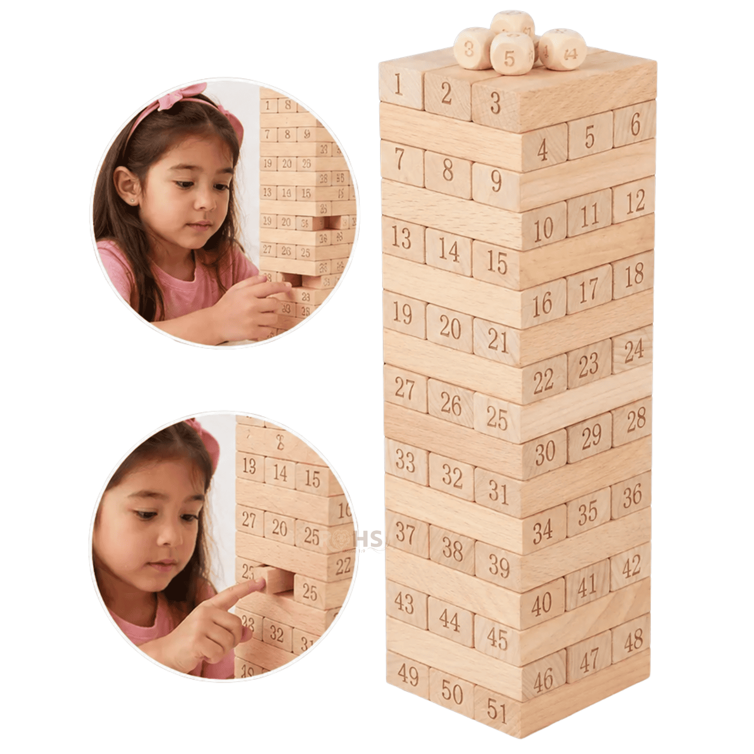 JUEGO DE BLOQUES TIPO JENGA DE MADERA NUMERADO 54 PIEZAS CON DADOS EDUCATIVO - 3