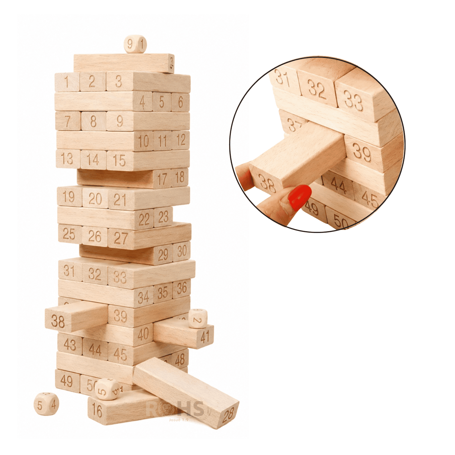 JUEGO DE BLOQUES TIPO JENGA DE MADERA NUMERADO 54 PIEZAS CON DADOS EDUCATIVO - 6