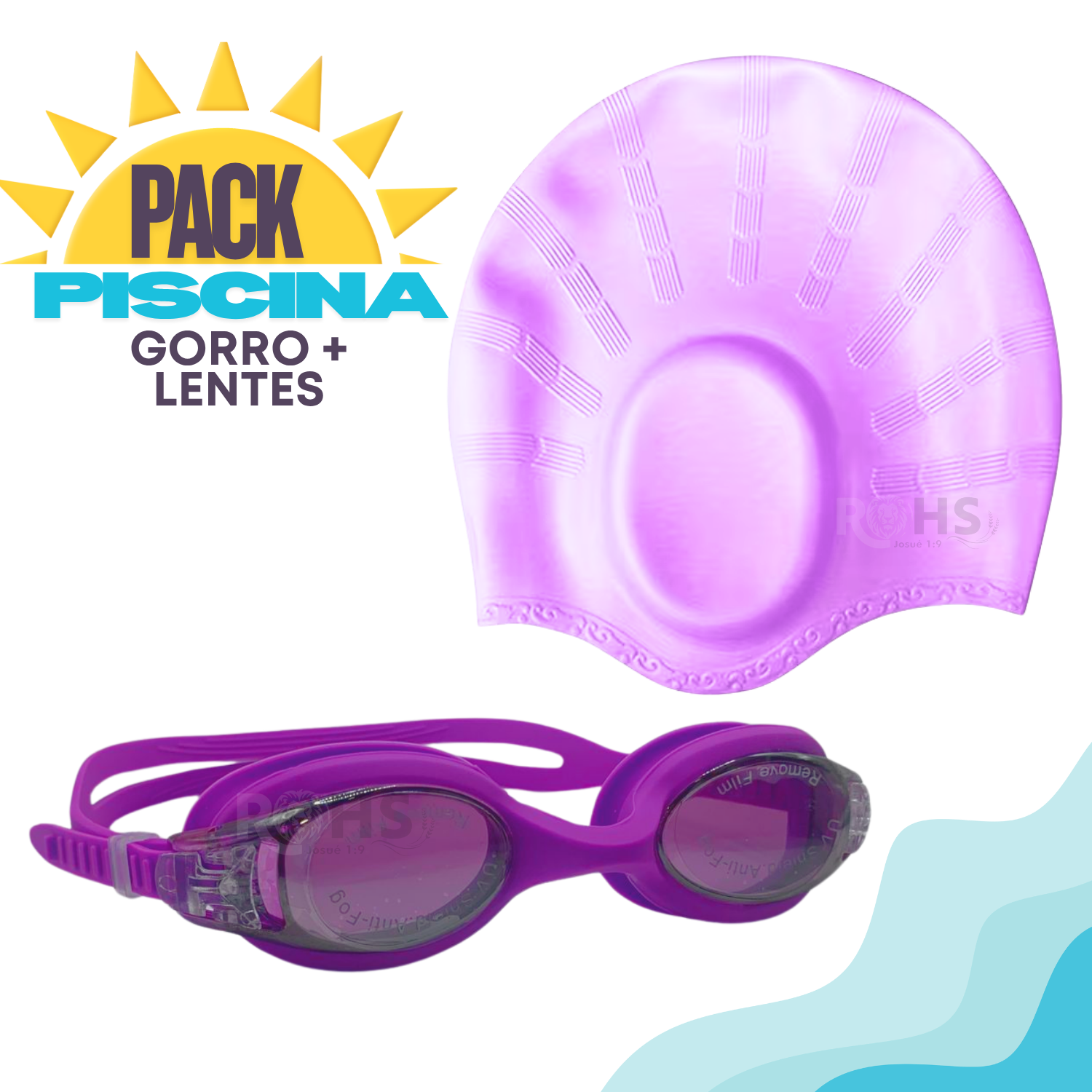 PACK GORRO + LENTES DE PISCINA MORADO UNISEX AJUSTABLE - 1