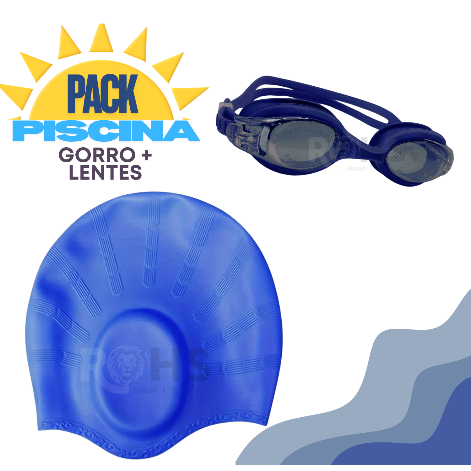 PACK GORRO Y LENTES DE PISCINA AZUL UNISEX AJUSTABLE - 1