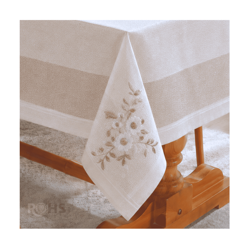 MANTEL BORDADO FLORAL RECTANGULAR BEIGE Y BLANCO 150X250 CM CON DISEÑO FLORAL BEIGE - 2