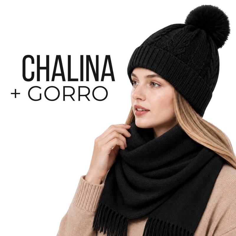 CHALINA NEGRA + GORRO CON POMPÓN DE TELA SUAVE - 1
