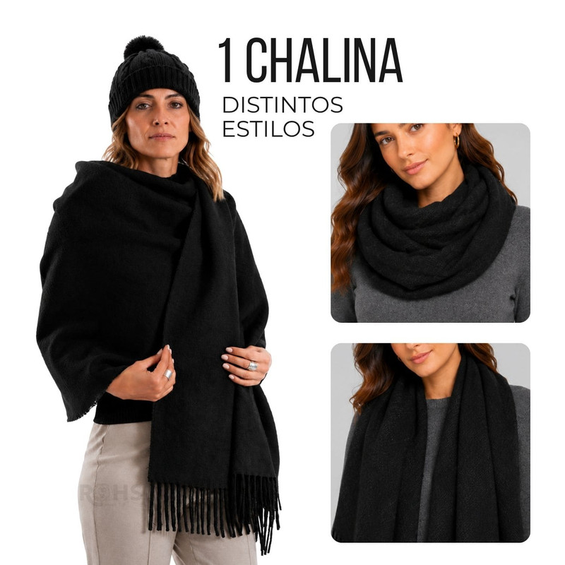 CHALINA NEGRA + GORRO CON POMPÓN DE TELA SUAVE - 2