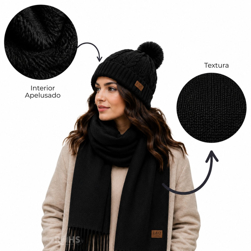 CHALINA NEGRA + GORRO CON POMPÓN DE TELA SUAVE - 4