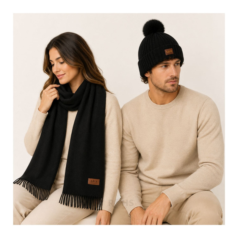 CHALINA NEGRA + GORRO CON POMPÓN DE TELA SUAVE - 6