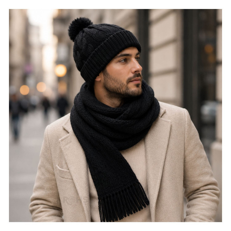 CHALINA NEGRA + GORRO CON POMPÓN DE TELA SUAVE - 7
