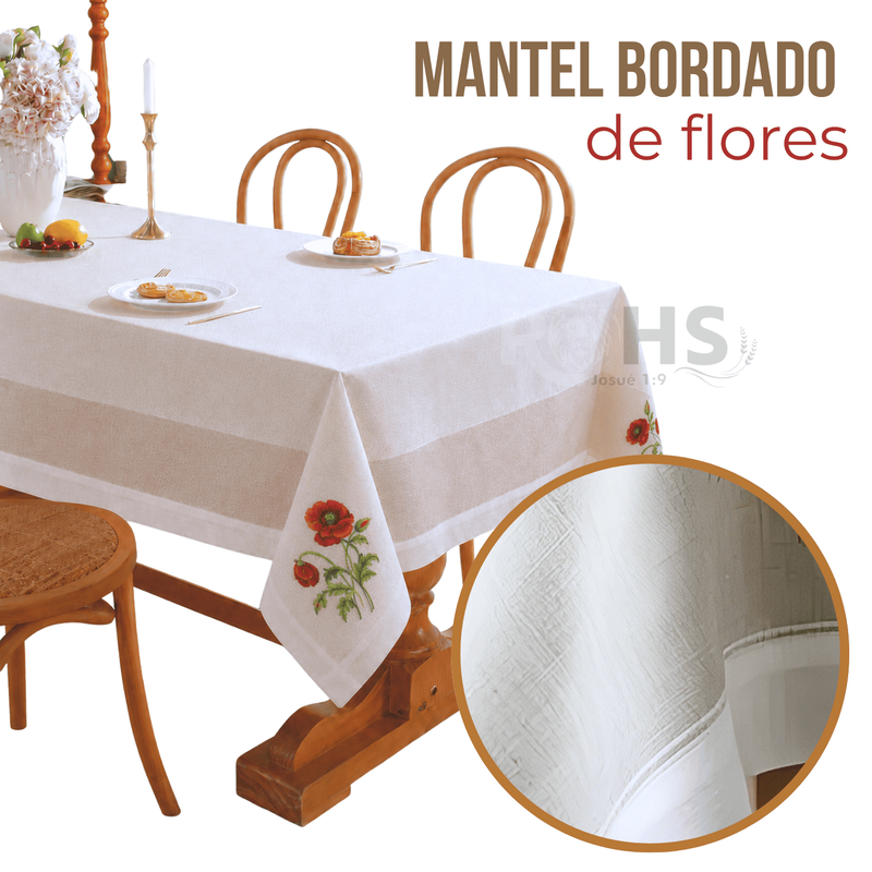 MANTEL BORDADO FLORAL RECTANGULAR BEIGE Y BLANCO 150X250 CM CON DISEÑO AMAPOLA - 1
