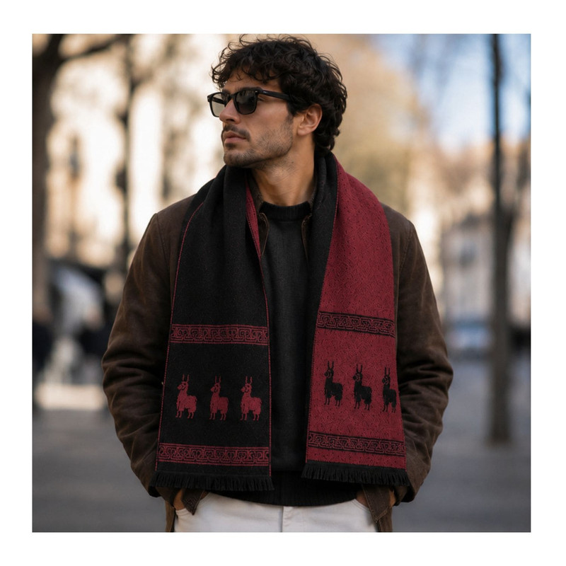 CHALINA REVERSIBLE NEGRO Y ROJO  CON DISEÑO DE LLAMAS TELA SUAVE 184 X 32 CM - 3