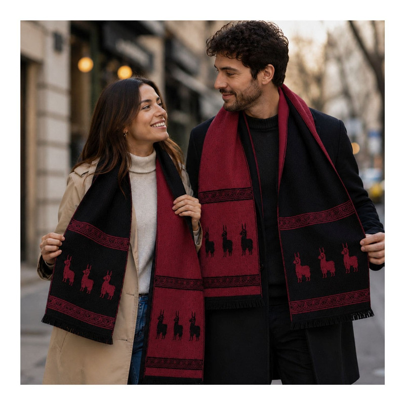 CHALINA REVERSIBLE NEGRO Y ROJO  CON DISEÑO DE LLAMAS TELA SUAVE 184 X 32 CM - 7
