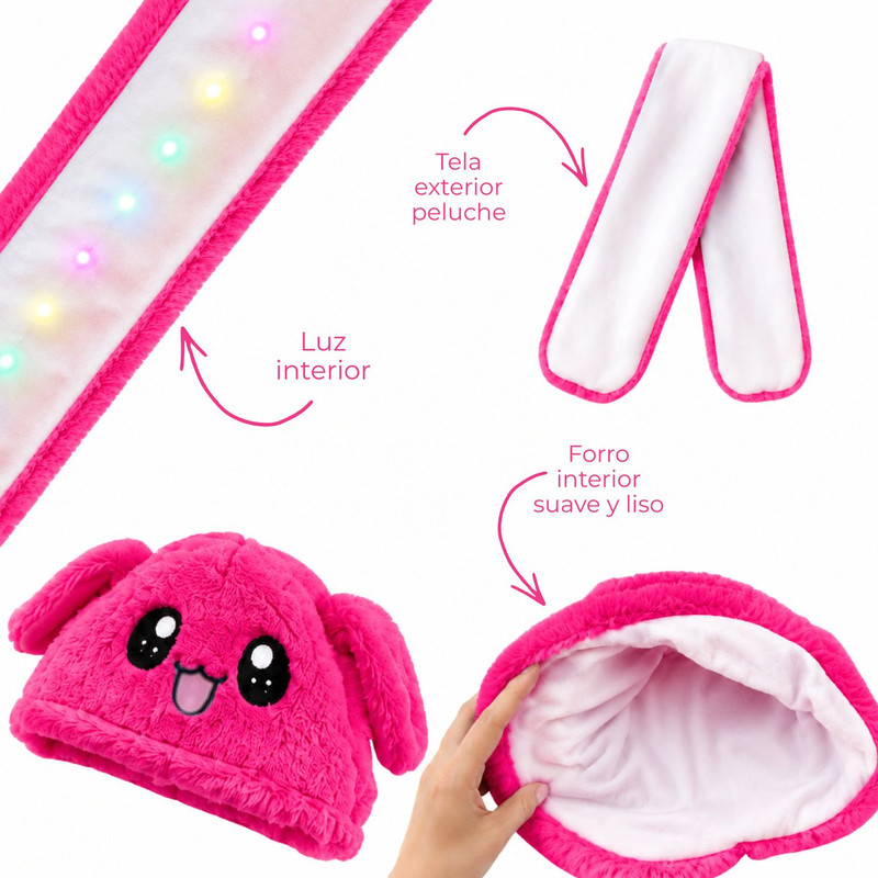 GORRO LEVANTA OREJAS FUCSIA CON LUCES DE COLORES DE TELA SUAVE - 4