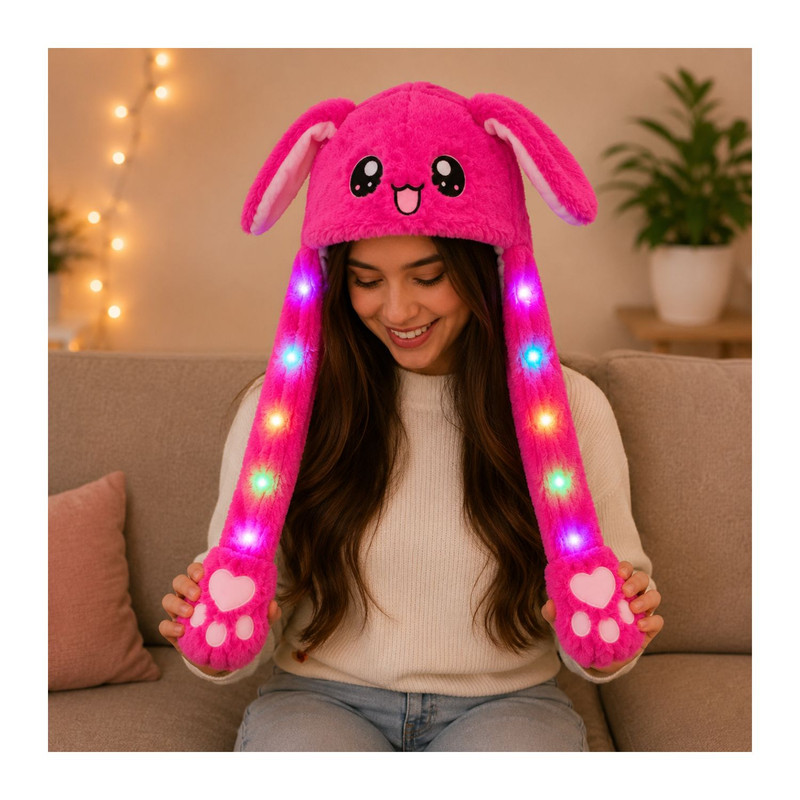 GORRO LEVANTA OREJAS FUCSIA CON LUCES DE COLORES DE TELA SUAVE - 5