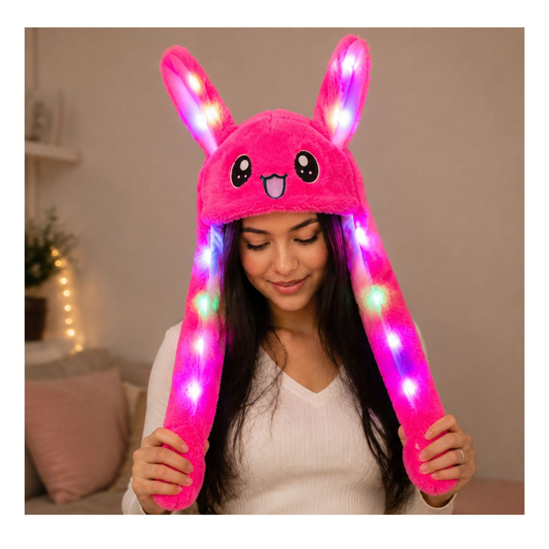 GORRO LEVANTA OREJAS FUCSIA CON LUCES DE COLORES DE TELA SUAVE - 6