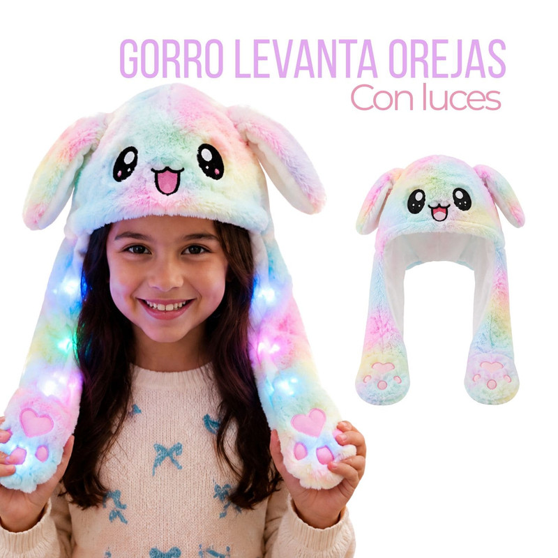 GORRO LEVANTA OREJAS MULTICOLOR CON LUCES DE COLORES DE TELA SUAVE - 1