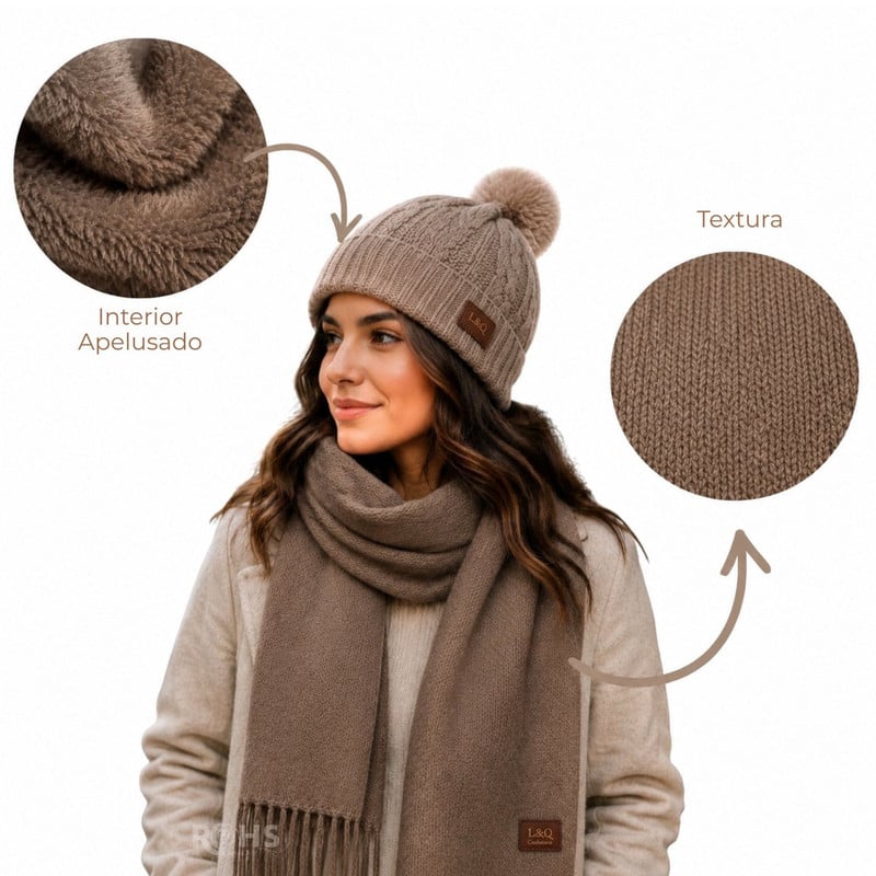 CHALINA CAFÉ + GORRO CON POMPÓN DE TELA SUAVE - 4