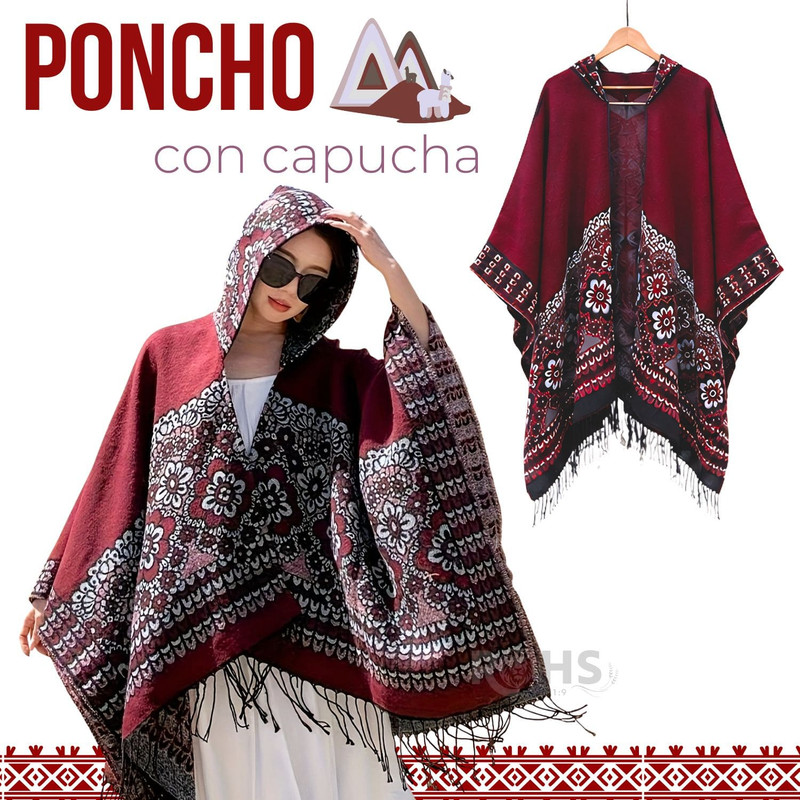 PONCHO CON CAPUCHA ROJA CON BORDADO FLORAL DE TELA SUAVE CON FLECOS 52 X 46 CM - 1