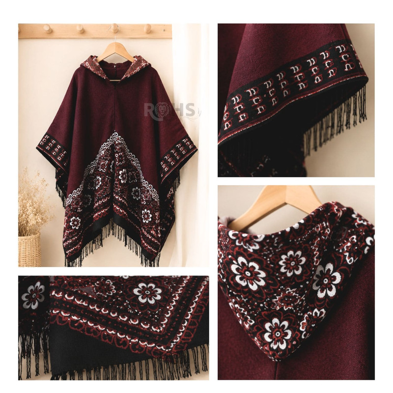PONCHO CON CAPUCHA ROJA CON BORDADO FLORAL DE TELA SUAVE CON FLECOS 52 X 46 CM - 6