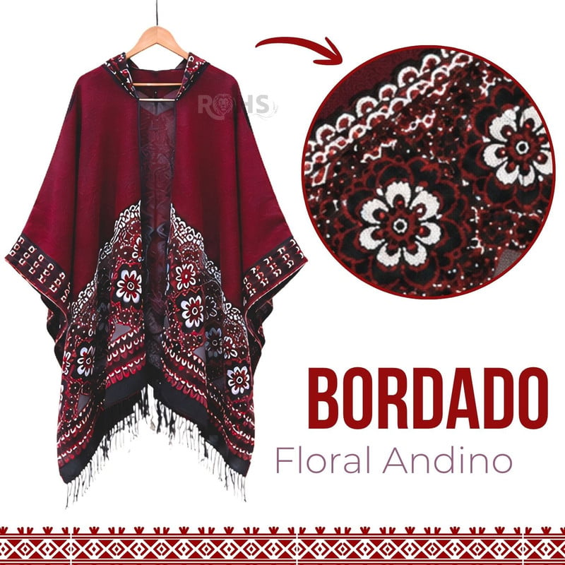 PONCHO CON CAPUCHA ROJA CON BORDADO FLORAL DE TELA SUAVE CON FLECOS 52 X 46 CM - 7