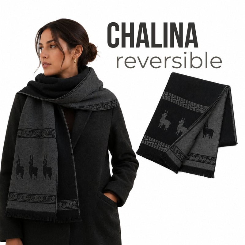 CHALINA REVERSIBLE NEGRO Y GRIS OSCURO CON DISEÑO DE LLAMAS TELA SUAVE 184 X 32 CM - 1