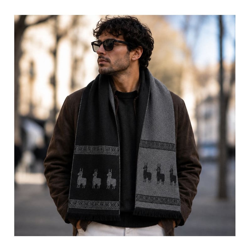 CHALINA REVERSIBLE NEGRO Y GRIS OSCURO CON DISEÑO DE LLAMAS TELA SUAVE 184 X 32 CM - 3