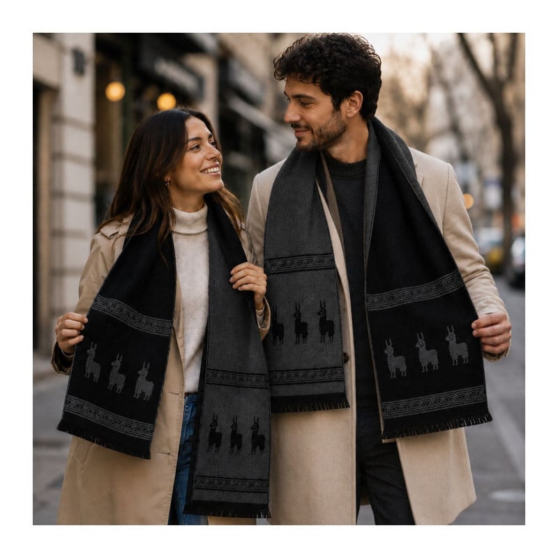 CHALINA REVERSIBLE NEGRO Y GRIS OSCURO CON DISEÑO DE LLAMAS TELA SUAVE 184 X 32 CM - 7