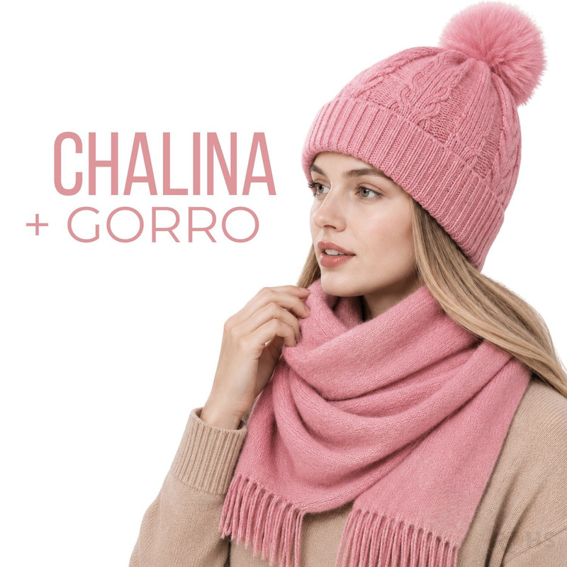 CHALINA ROSADA + GORRO CON POMPÓN DE TELA SUAVE - 1