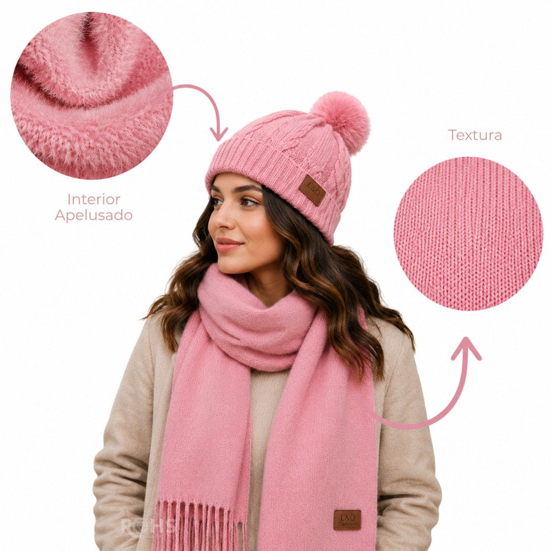 CHALINA ROSADA + GORRO CON POMPÓN DE TELA SUAVE - 4