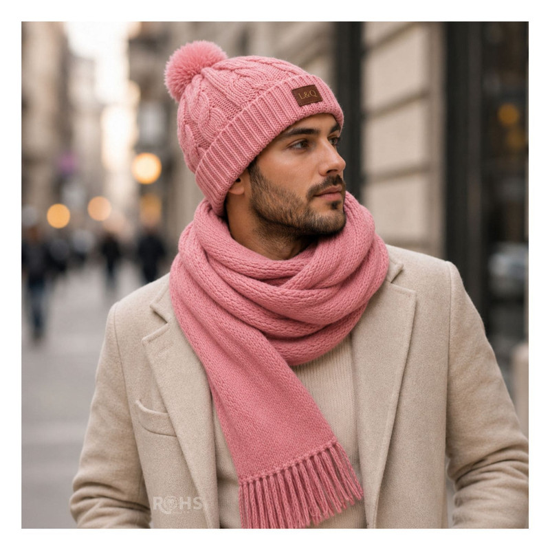 CHALINA ROSADA + GORRO CON POMPÓN DE TELA SUAVE - 7