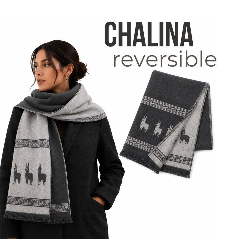 CHALINA REVERSIBLE GRIS Y GRIS CLARO CON DISEÑO DE LLAMAS TELA SUAVE 184 X 32 CM - 1