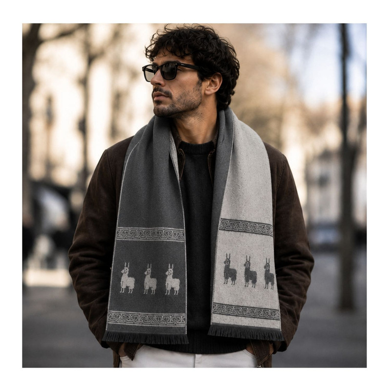 CHALINA REVERSIBLE GRIS Y GRIS CLARO CON DISEÑO DE LLAMAS TELA SUAVE 184 X 32 CM - 3