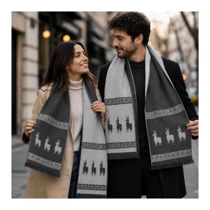 CHALINA REVERSIBLE GRIS Y GRIS CLARO CON DISEÑO DE LLAMAS TELA SUAVE 184 X 32 CM - 7