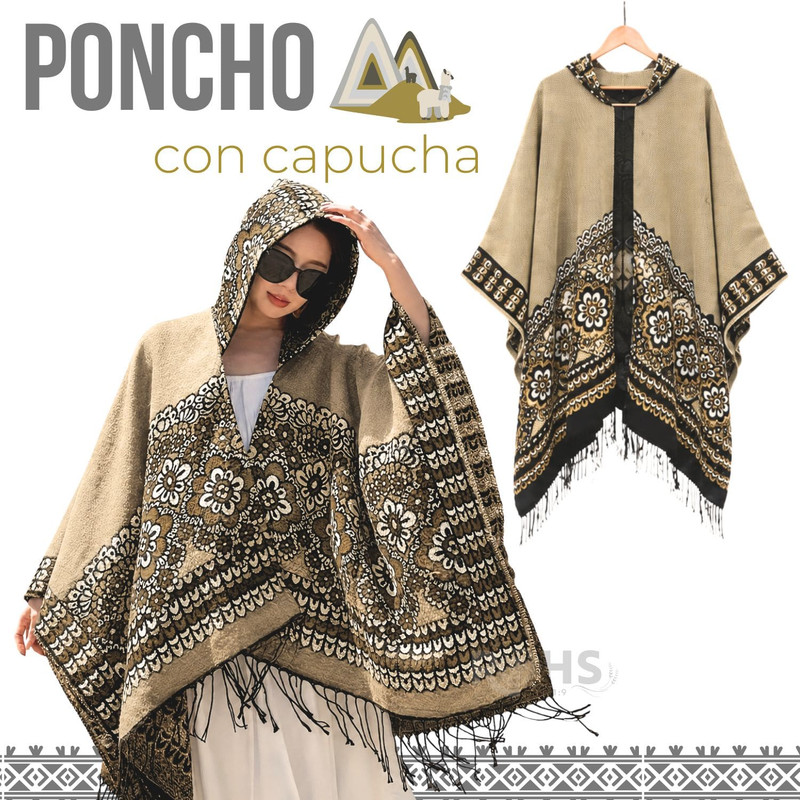PONCHO CON CAPUCHA BEIGE CON BORDADO FLORAL DE TELA SUAVE CON FLECOS 52 X 46 CM - 1